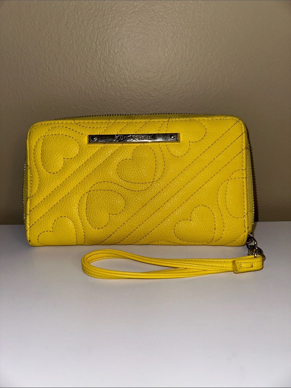 Betsey Johnson Yellow Quilted Heart Zip Wristlet